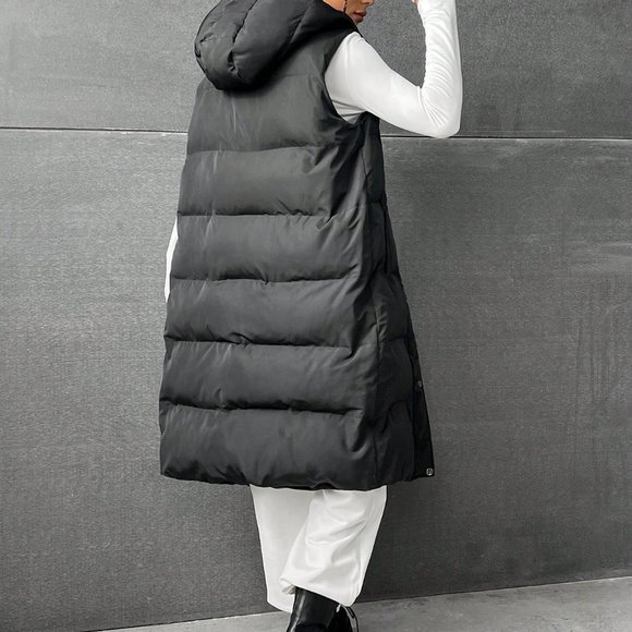 Black Preppy Womens Zip Up Snap Button Drawstring Hooded Puffer Vest Coat - Picture 2 of 6